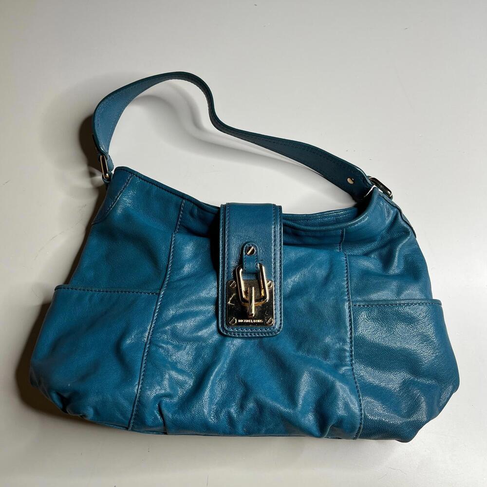Michael Kors Blue Leather Shoulder Bag Purse Gold Hardware Logo Lined – Stained